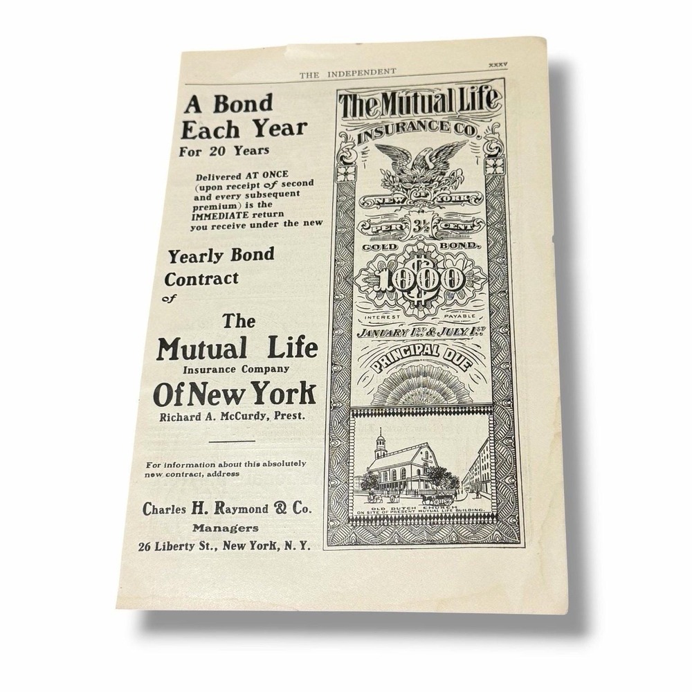 1903 The Mutual Life Insurance Co A Bond Each Year for 20 Years Original Vtg E